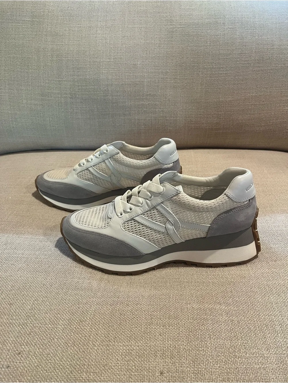 Veronica Beard Valentina Gray and White Mesh Platform Sneakers